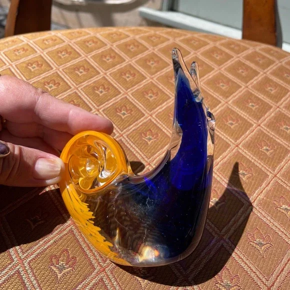Vintage Murano cobalt blue, yellow and clear art glass snail